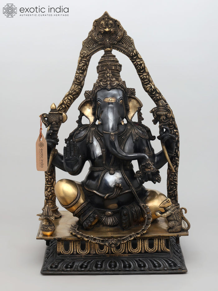 24" Handmade Brass Lord Ganesha Blessing Statue with Kirtimukha Prabhavali