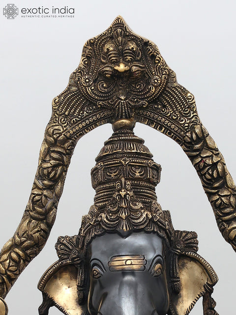 24" Black and Gold Blessing Lord Ganesha with Kirtimukha Prabhavali | Brass Statue