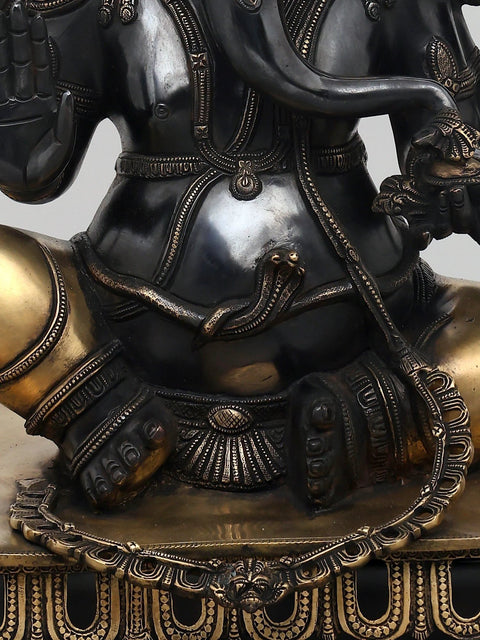 24" Black and Gold Blessing Lord Ganesha with Kirtimukha Prabhavali | Brass Statue