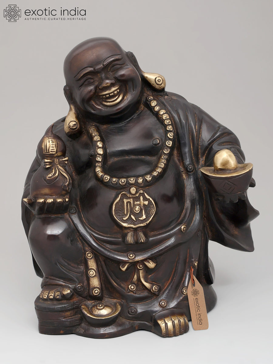9" Laughing Buddha Brass Statue for Wealth and Prosperity