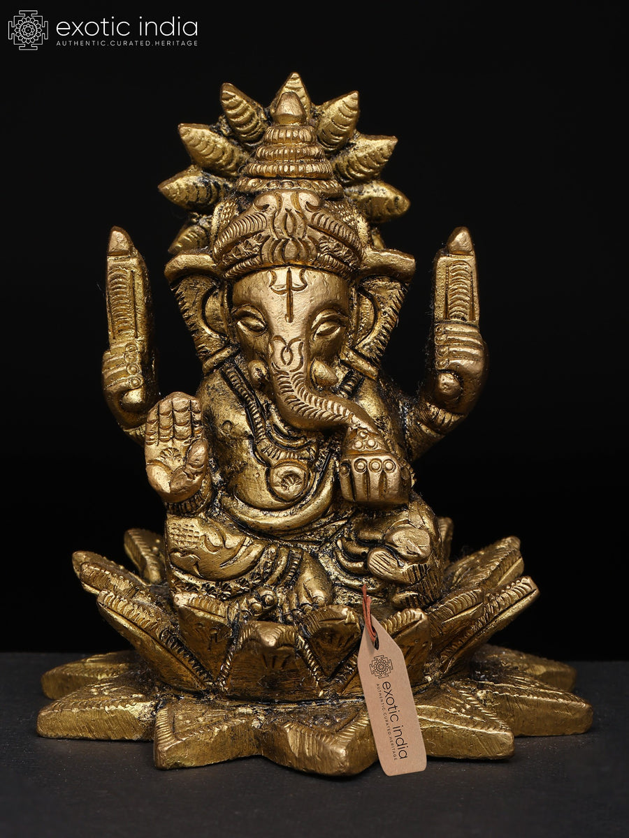 3" Brass Ganpati Idol in Blessing Pose on Lotus Seat
