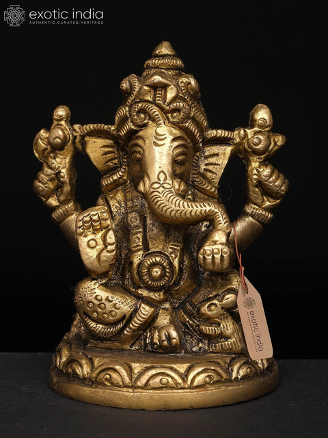 3" Small Four-Armed Ganesha with Modak & Mushak: A Divine Presence | Brass Idol