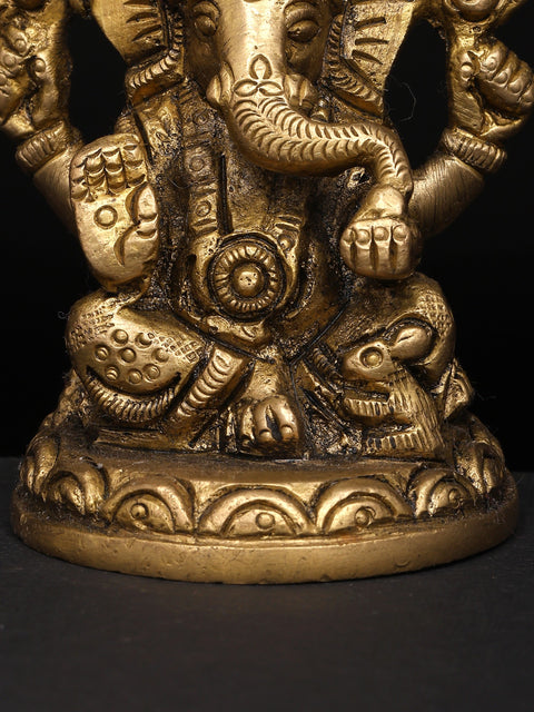 3" Small Four-Armed Ganesha with Modak & Mushak: A Divine Presence | Brass Idol