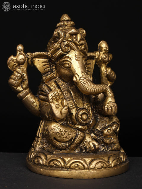 3" Small Four-Armed Ganesha with Modak & Mushak: A Divine Presence | Brass Idol