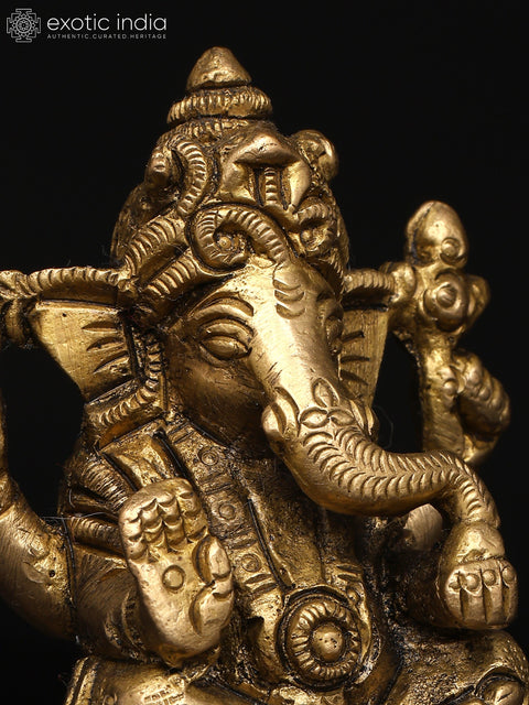 3" Small Four-Armed Ganesha with Modak & Mushak: A Divine Presence | Brass Idol