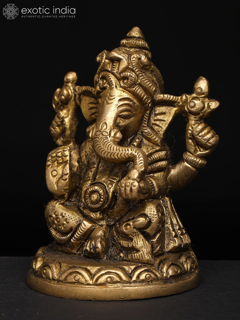 3" Small Four-Armed Ganesha with Modak & Mushak: A Divine Presence | Brass Idol