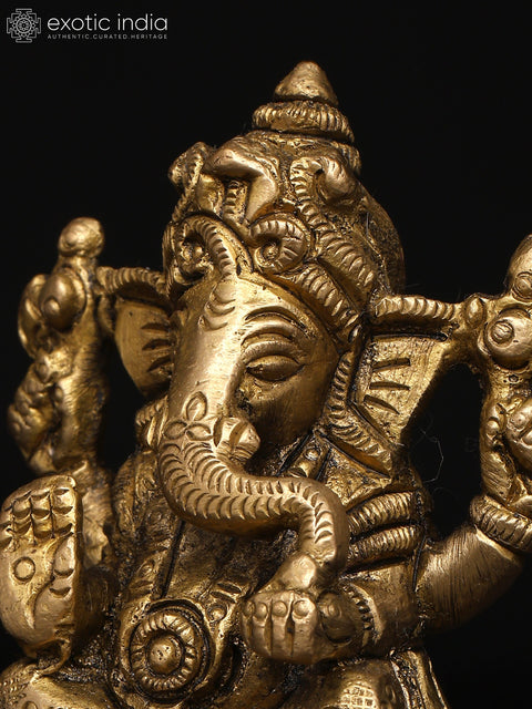 3" Small Four-Armed Ganesha with Modak & Mushak: A Divine Presence | Brass Idol