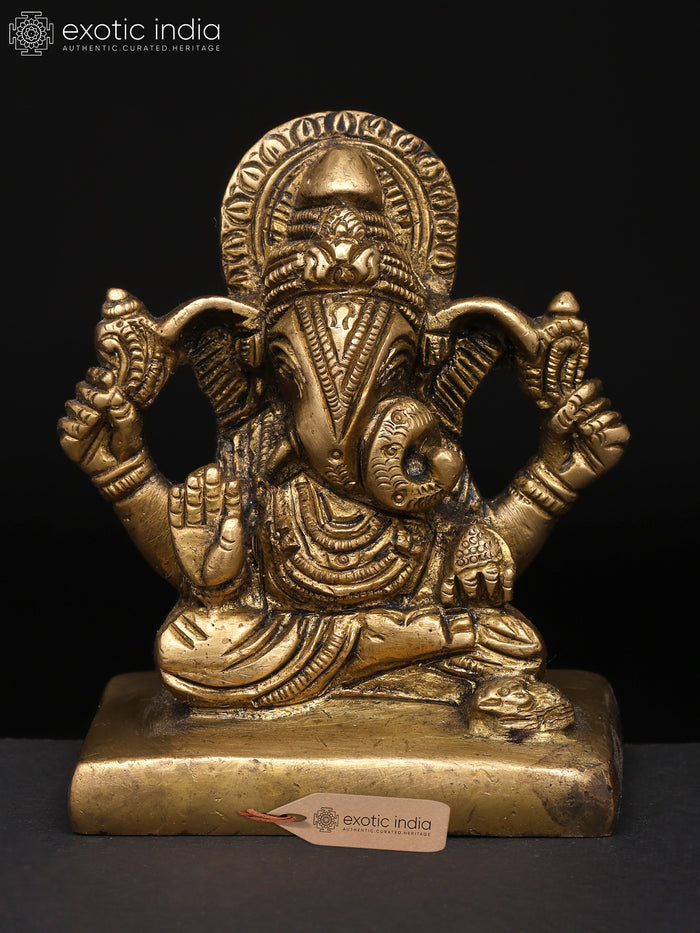 3" Ganesha with Modak and Mouse Brass Statue