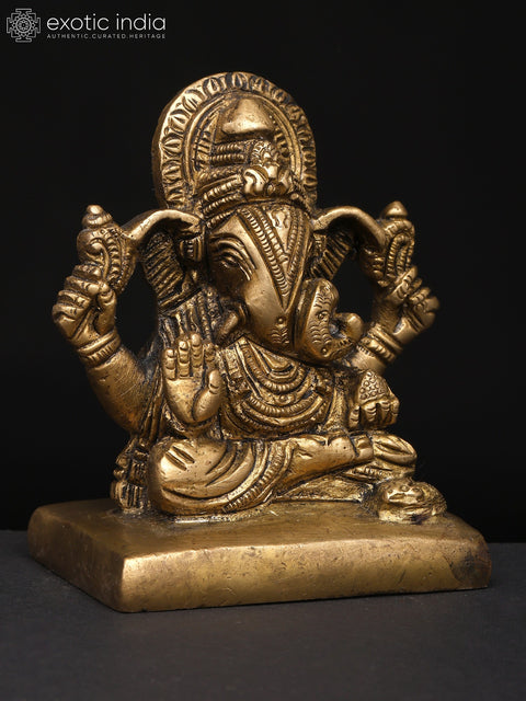 3" Small The Divine Form of Ganesha with Modak and Mouse | Brass Figurine