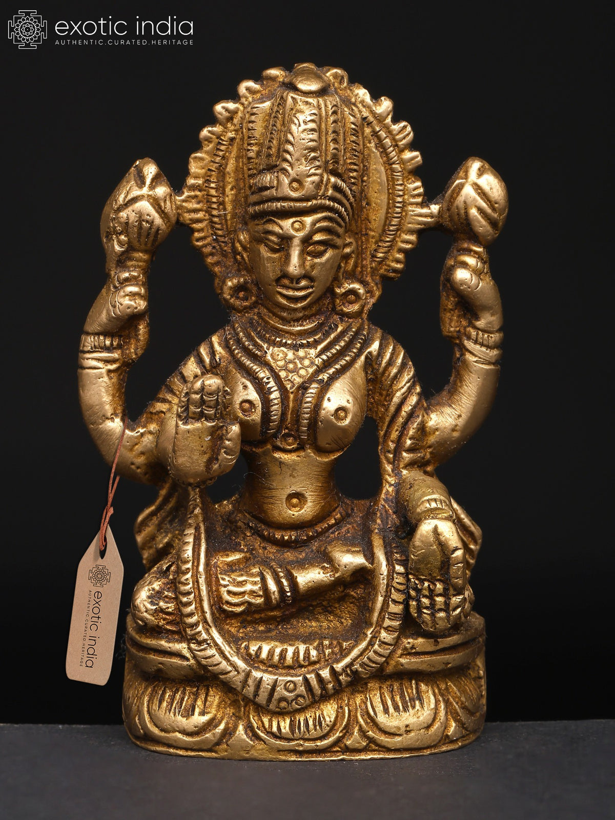 3" Small Lakshmi Brass Statue Seated with Blessing Hand Gesture