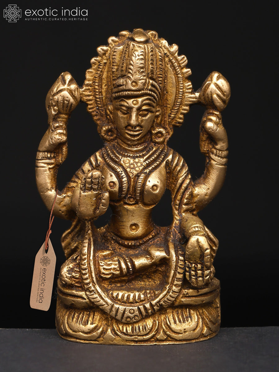 3" Small Lakshmi Brass Statue Seated with Blessing Hand Gesture