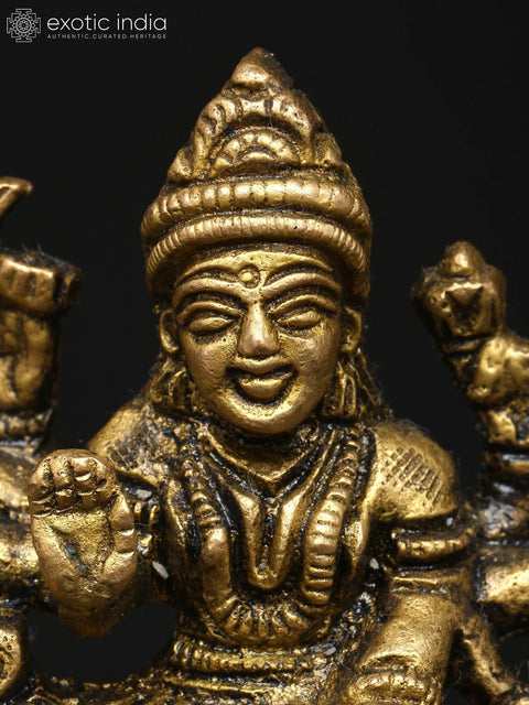 3" Small Goddess Durga in Her Divine Form Seated on Lion | Brass Idol