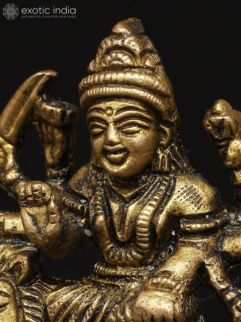 3" Small Goddess Durga in Her Divine Form Seated on Lion | Brass Idol