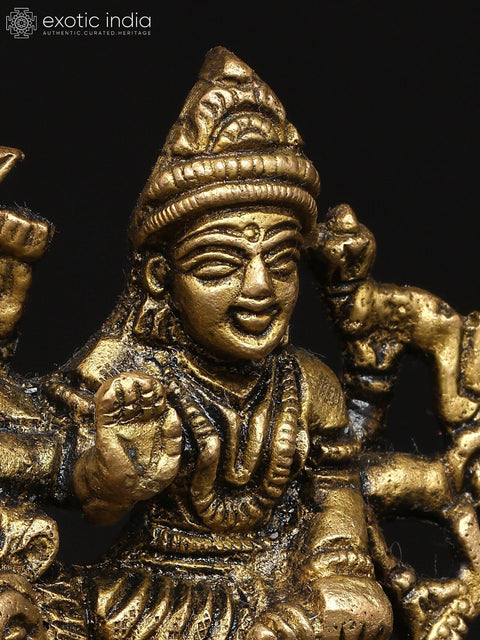 3" Small Goddess Durga in Her Divine Form Seated on Lion | Brass Idol