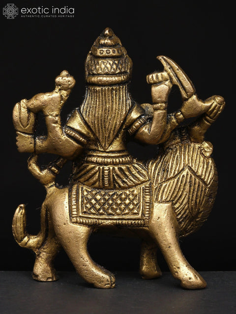 3" Small Goddess Durga in Her Divine Form Seated on Lion | Brass Idol