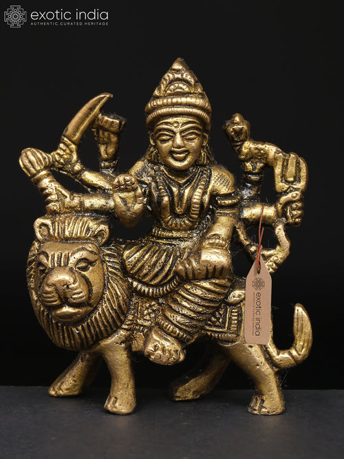 3" Goddess Durga Seated on Lion Brass Idol for Pooja