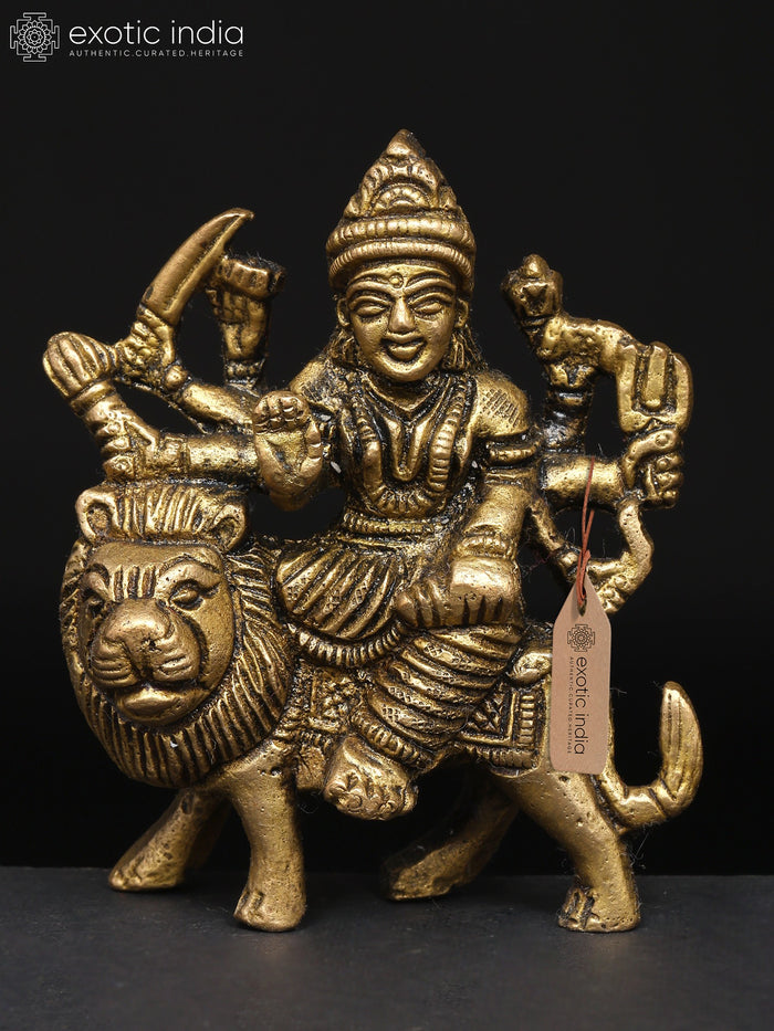 3" Small Goddess Durga in Her Divine Form Seated on Lion | Brass Idol