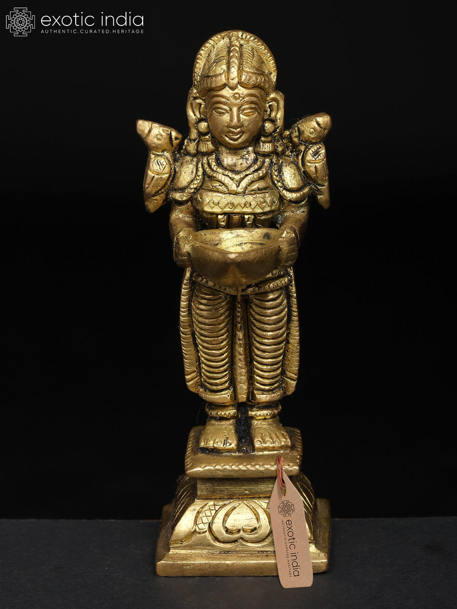 4" Deeplakshmi Oil Lamp Brass Statue for Pooja