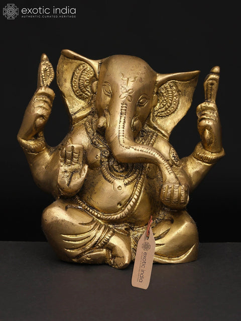 4" Small Divine Ganesha with Four Arms Ð The Remover of Obstacles | Brass Idol