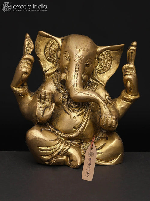 4" Small Ganesha Four Arms Brass Idol for Pooja