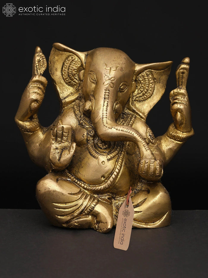 4" Small Ganesha Four Arms Brass Idol for Pooja