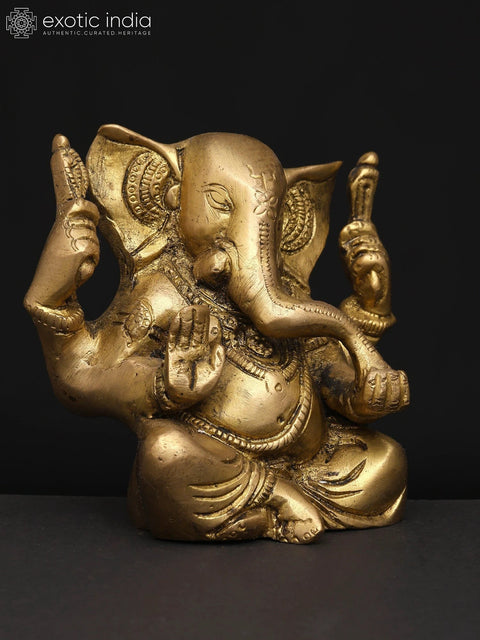 4" Small Divine Ganesha with Four Arms Ð The Remover of Obstacles | Brass Idol