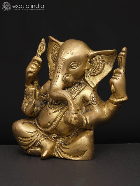 4" Small Divine Ganesha with Four Arms Ð The Remover of Obstacles | Brass Idol