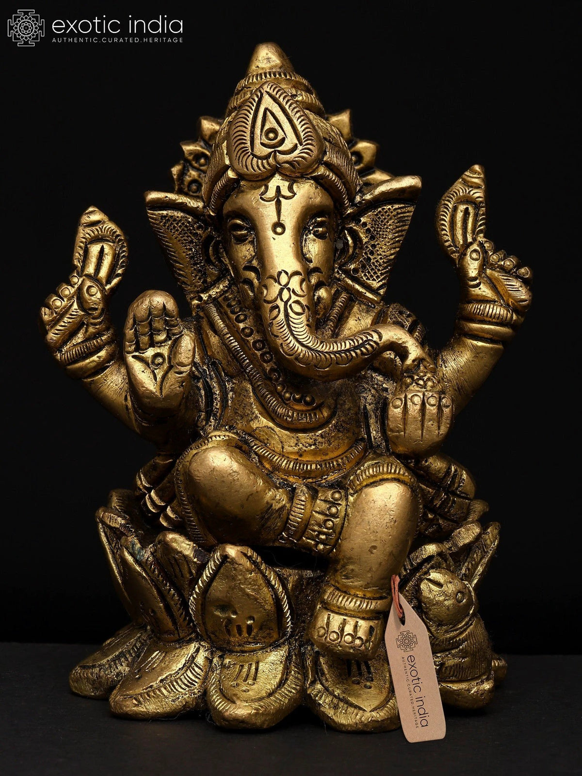 4" Handmade Brass Lord Ganapati Lotus Pedestal Sculpture