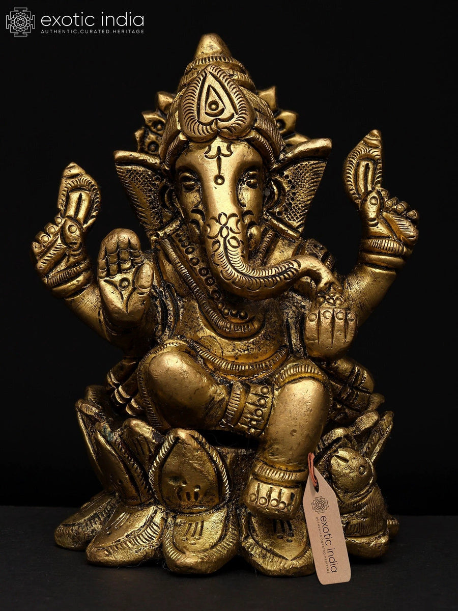 4" Handmade Brass Lord Ganapati Lotus Pedestal Sculpture