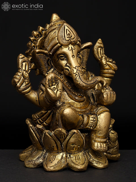 4" Small Lord Ganapati on Lotus Pedestal – Symbol of Purity and Wisdom | Brass Sculpture