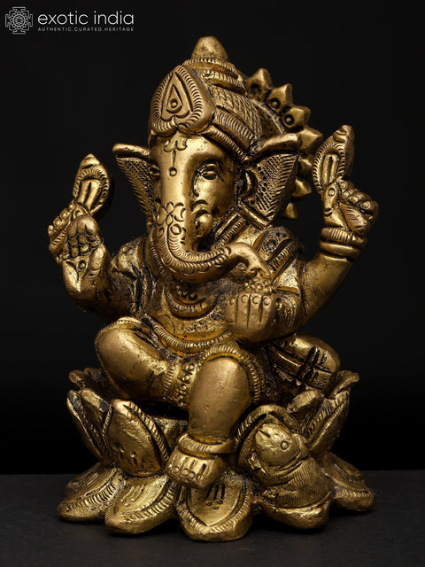 4" Small Lord Ganapati on Lotus Pedestal – Symbol of Purity and Wisdom | Brass Sculpture