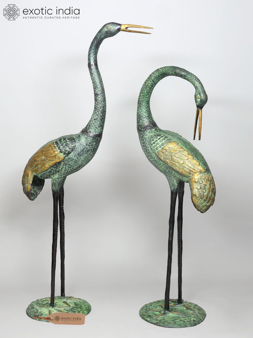 67" Large Brass Crane Pair Statue for Home Decor