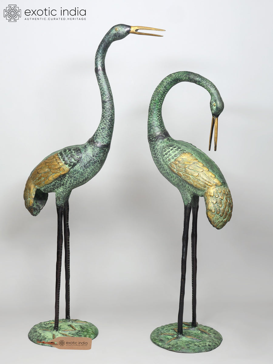67" Large Brass Crane Pair Statue for Home Decor