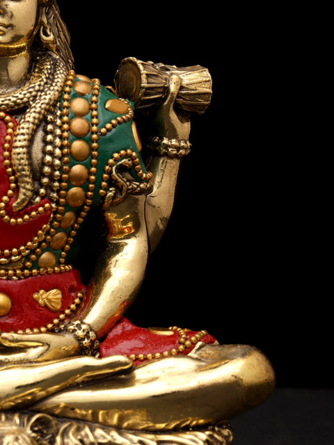6" Small Superfine Sitting Four Armed Lord Shiva | Brass Statue with Inlay Work