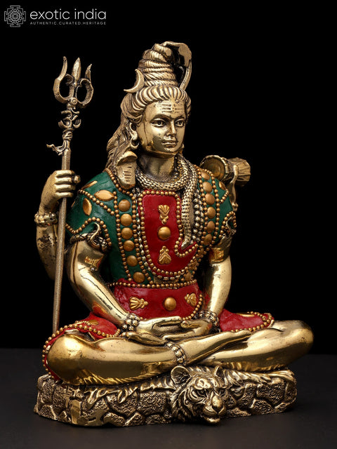 6" Small Superfine Sitting Four Armed Lord Shiva | Brass Statue with Inlay Work