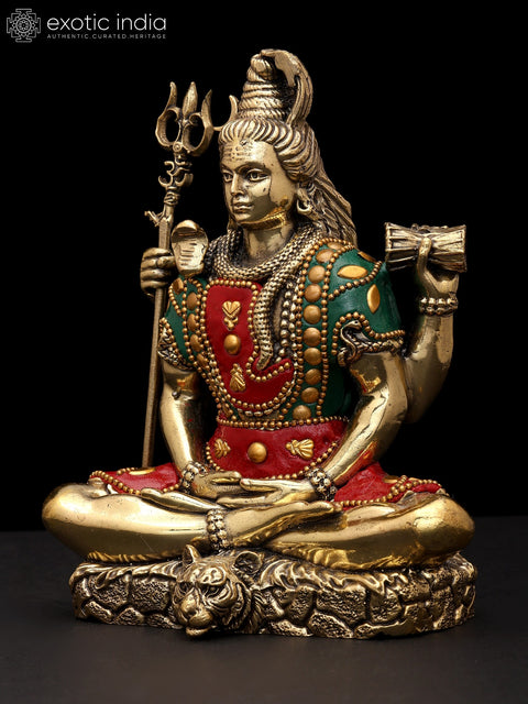 6" Small Superfine Sitting Four Armed Lord Shiva | Brass Statue with Inlay Work
