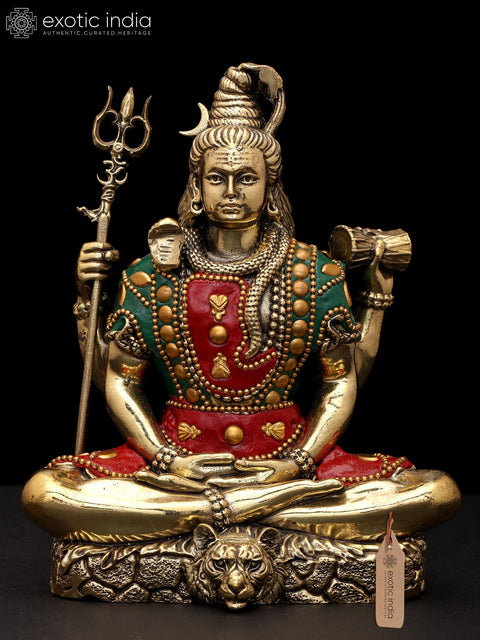 6" Small Superfine Sitting Four Armed Lord Shiva | Brass Statue with Inlay Work