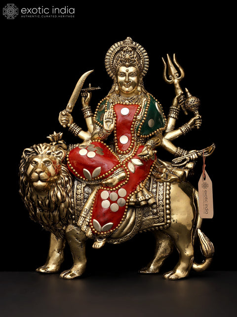 6" Small Superfine Ashtabhujadharini Goddess Durga (Sherawali Maa) | Brass Statue with Inlay Work