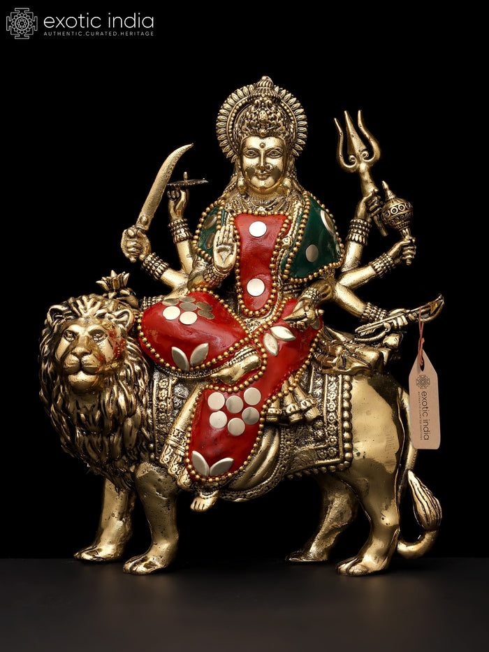 6" Small Superfine Ashtabhujadharini Goddess Durga (Sherawali Maa) | Brass Statue with Inlay Work