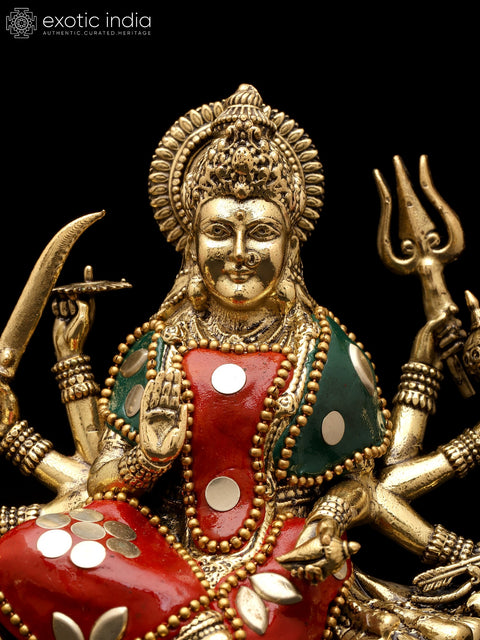 6" Small Superfine Ashtabhujadharini Goddess Durga (Sherawali Maa) | Brass Statue with Inlay Work
