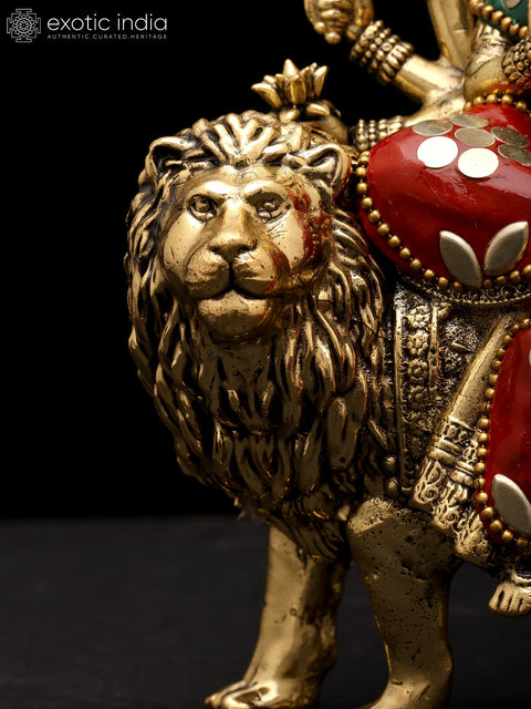 6" Small Superfine Ashtabhujadharini Goddess Durga (Sherawali Maa) | Brass Statue with Inlay Work