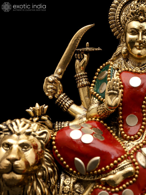 6" Small Superfine Ashtabhujadharini Goddess Durga (Sherawali Maa) | Brass Statue with Inlay Work