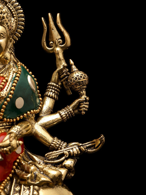 6" Small Superfine Ashtabhujadharini Goddess Durga (Sherawali Maa) | Brass Statue with Inlay Work