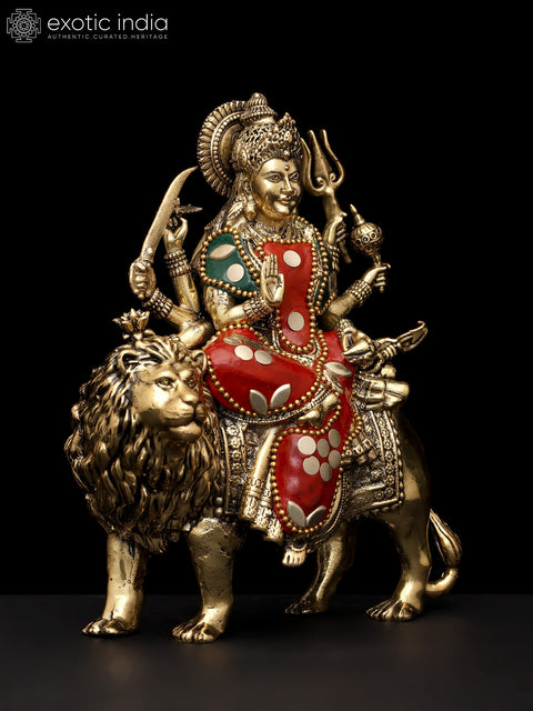 6" Small Superfine Ashtabhujadharini Goddess Durga (Sherawali Maa) | Brass Statue with Inlay Work