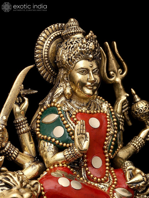 6" Small Superfine Ashtabhujadharini Goddess Durga (Sherawali Maa) | Brass Statue with Inlay Work