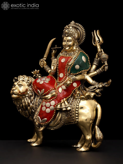 6" Small Superfine Ashtabhujadharini Goddess Durga (Sherawali Maa) | Brass Statue with Inlay Work