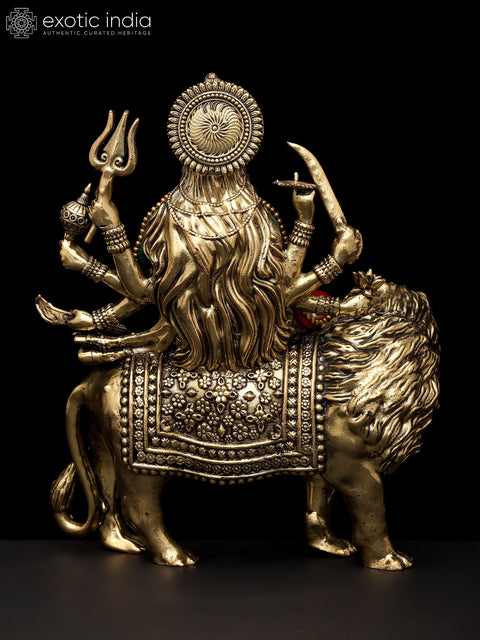 6" Small Superfine Ashtabhujadharini Goddess Durga (Sherawali Maa) | Brass Statue with Inlay Work