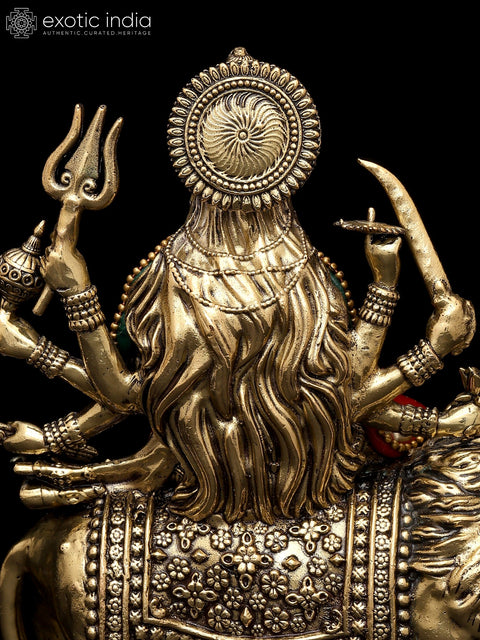 6" Small Superfine Ashtabhujadharini Goddess Durga (Sherawali Maa) | Brass Statue with Inlay Work