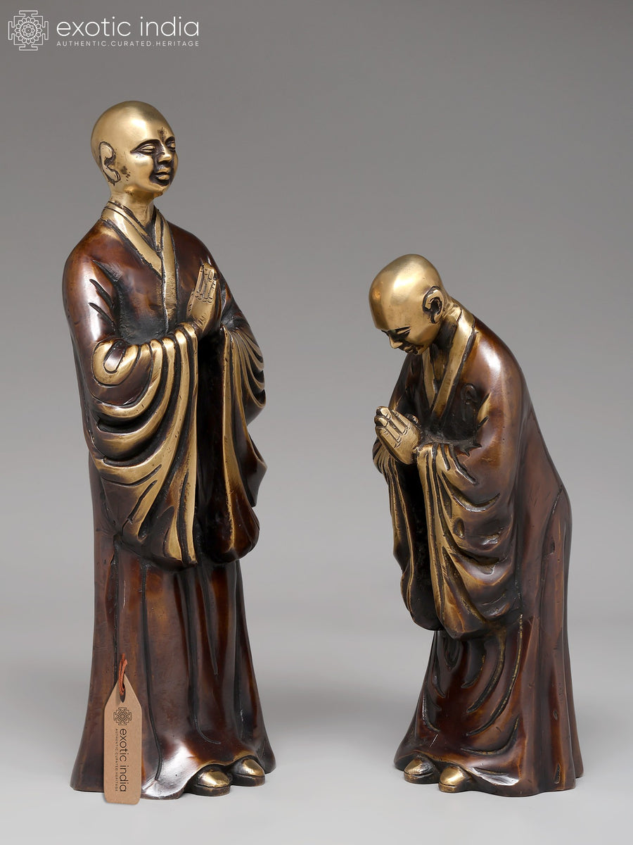12" Monk Master with Bowing Disciple Brass Statue Pair