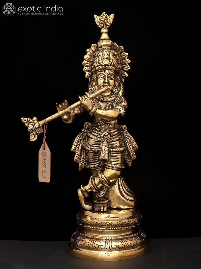 10" Brass Lord Krishna Fluting Handmade Statue
